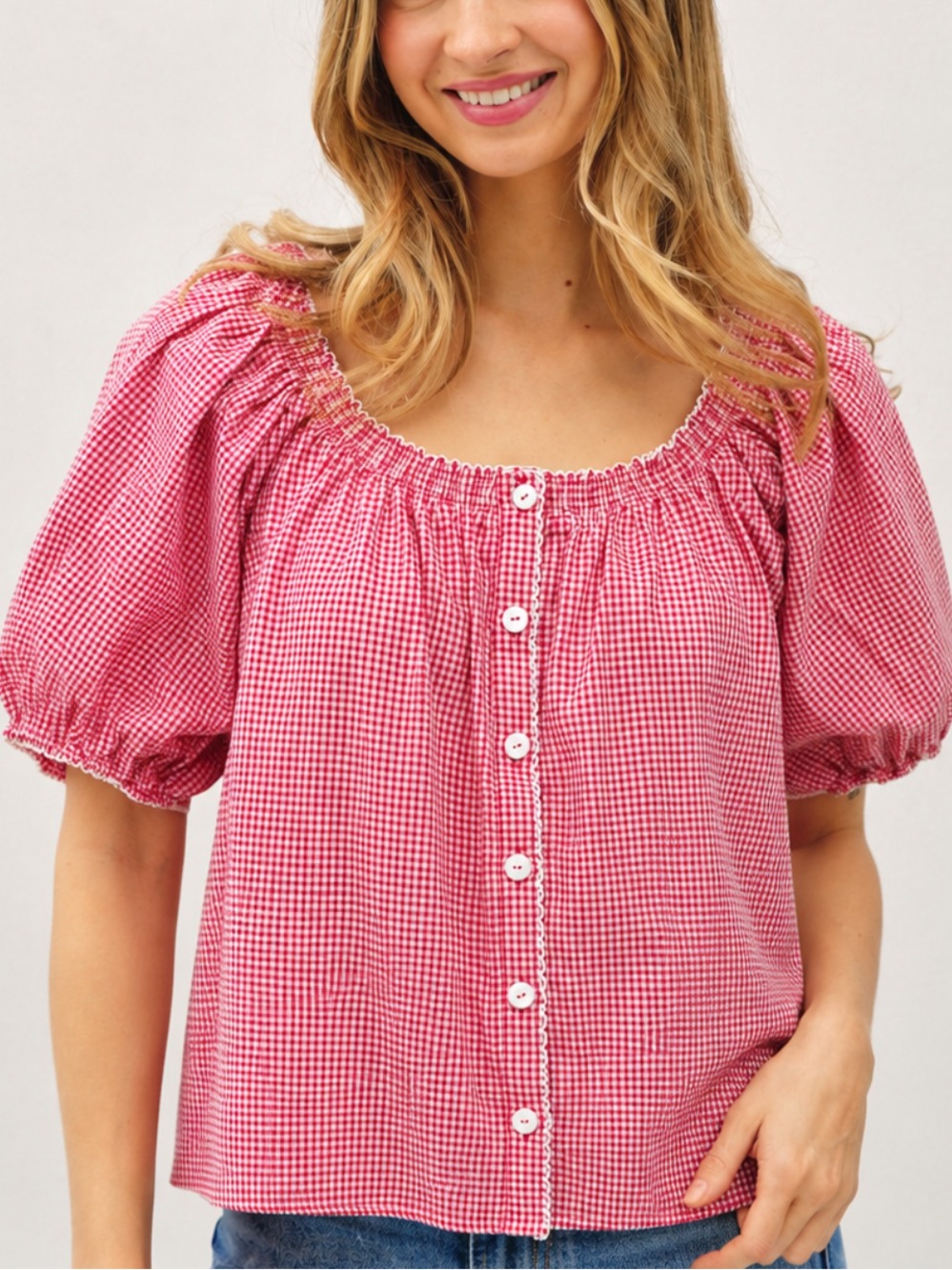 Things between red and white gingham button top blouse